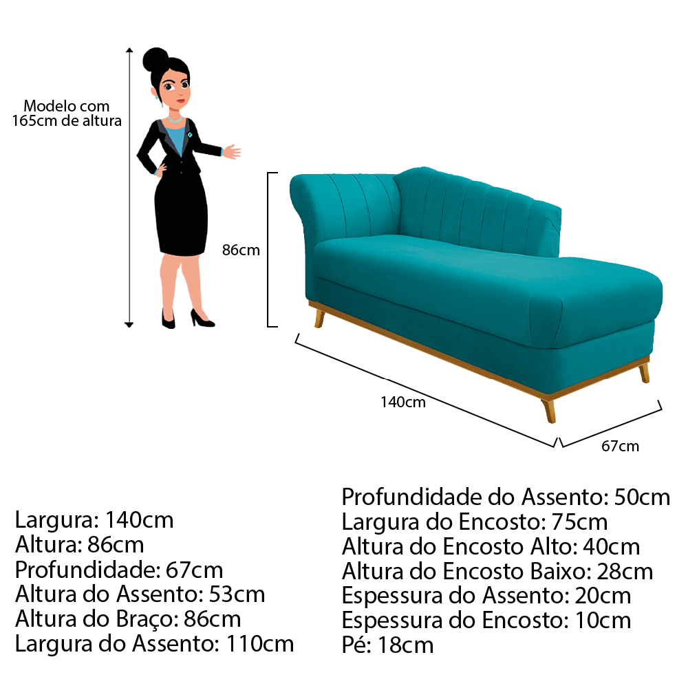 Recamier Vanessa 140cm Lado Esquerdo Suede Azul Turquesa - Amarena Móveis