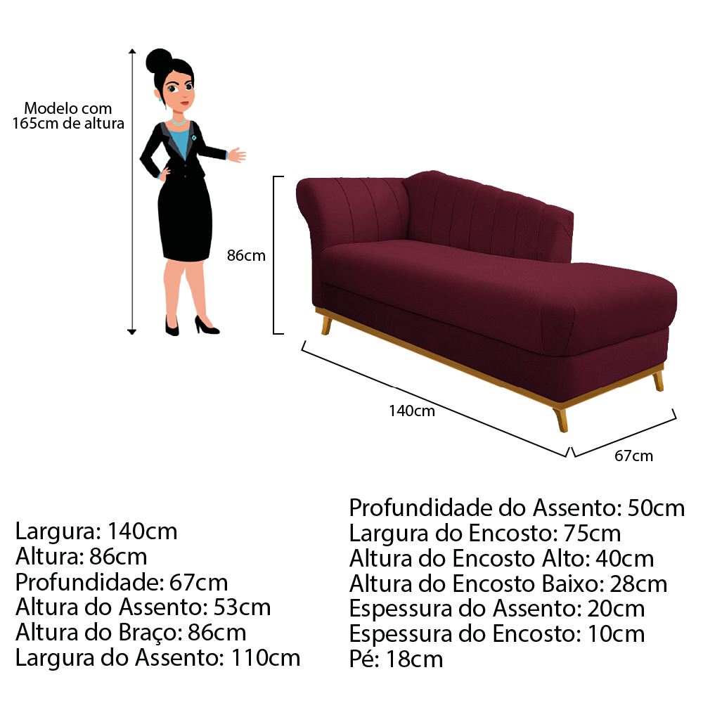 Recamier Vanessa 140cm Lado Esquerdo Suede Bordô - Amarena Móveis