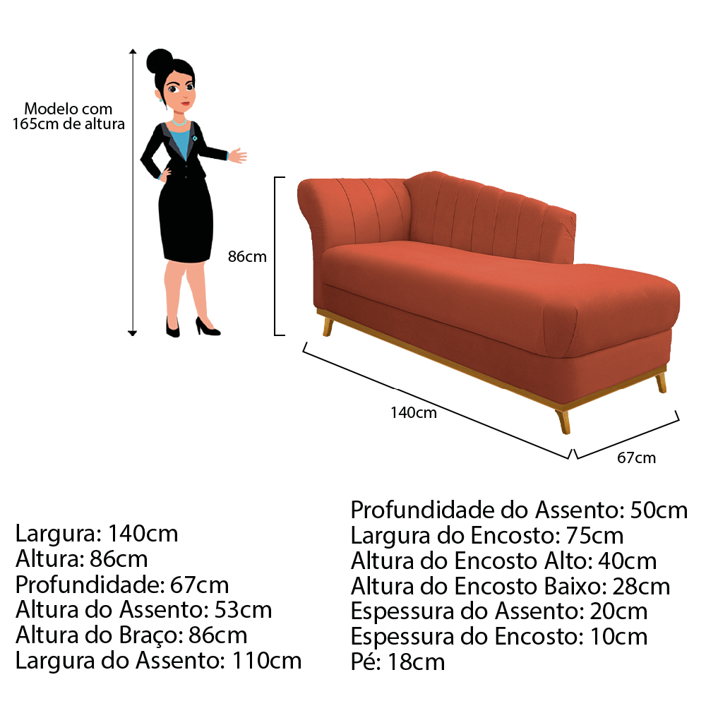 Recamier Vanessa 140cm Lado Esquerdo Suede Terracota- Amarena Móveis