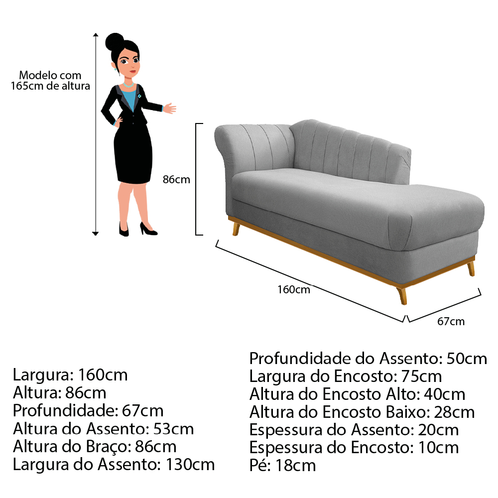 Recamier Vanessa 160cm Lado Direito Suede Cinza - Amarena Móveis