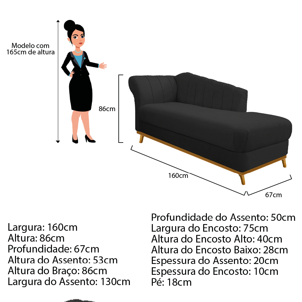 Recamier Vanessa 160cm Lado Esquerdo Corano Preto - Amarena Móveis