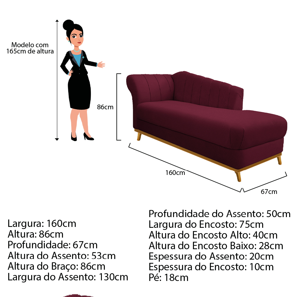Recamier Vanessa 160cm Lado Esquerdo Suede Bordô - Amarena Móveis
