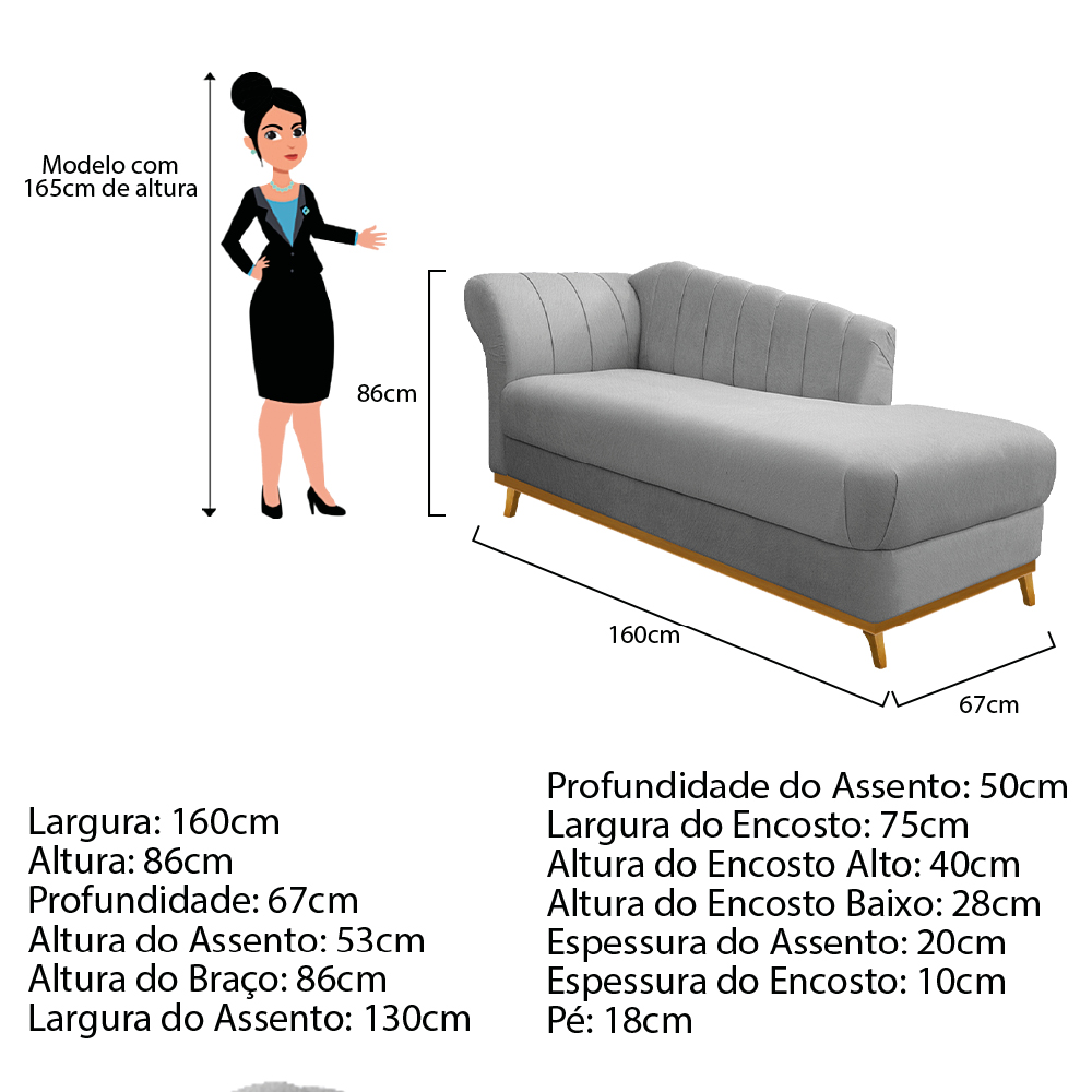 Recamier Vanessa 160cm Lado Esquerdo Suede Cinza - Amarena Móveis