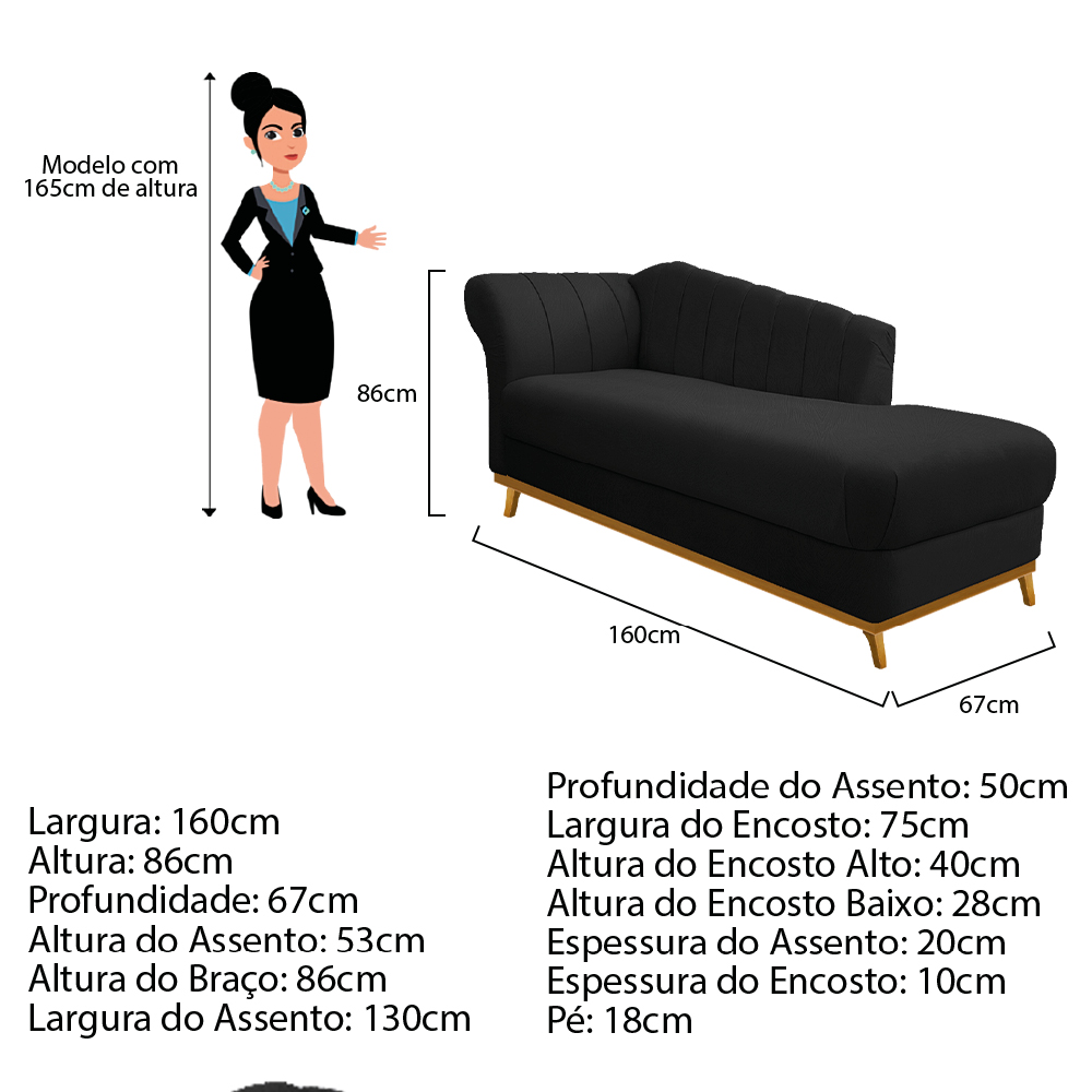 Recamier Vanessa 160cm Lado Esquerdo Suede Preto - Amarena Móveis