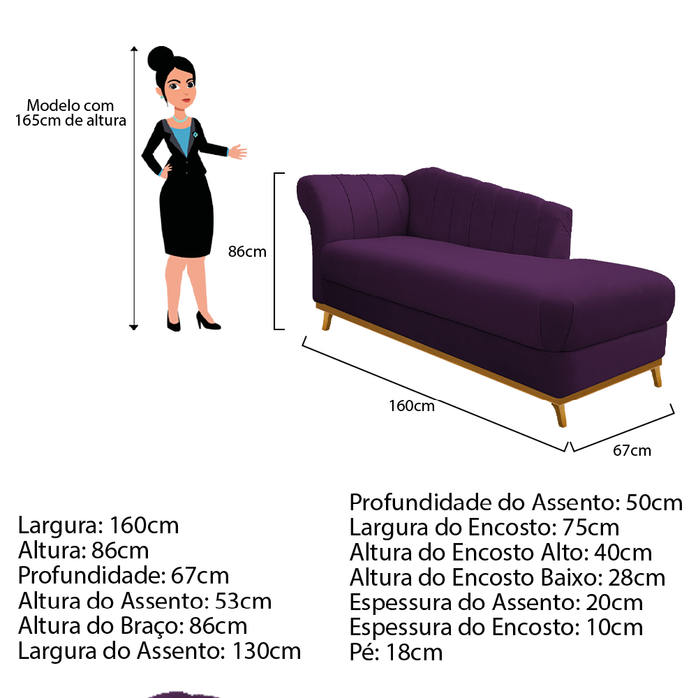 Recamier Vanessa 160cm Lado Esquerdo Suede Roxo - Amarena Móveis