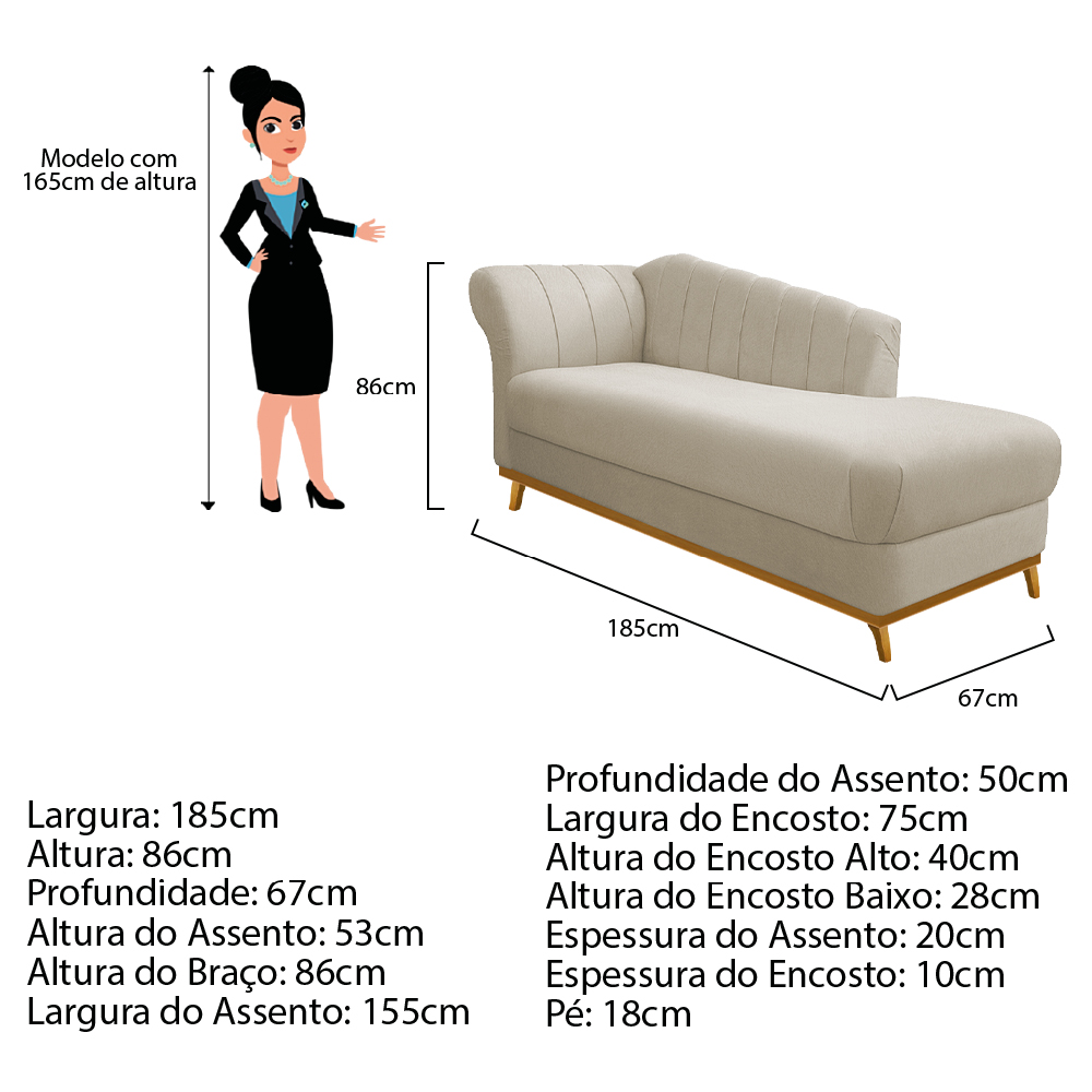 Recamier Vanessa 185cm Lado Direito Suede Bege - Amarena Móveis