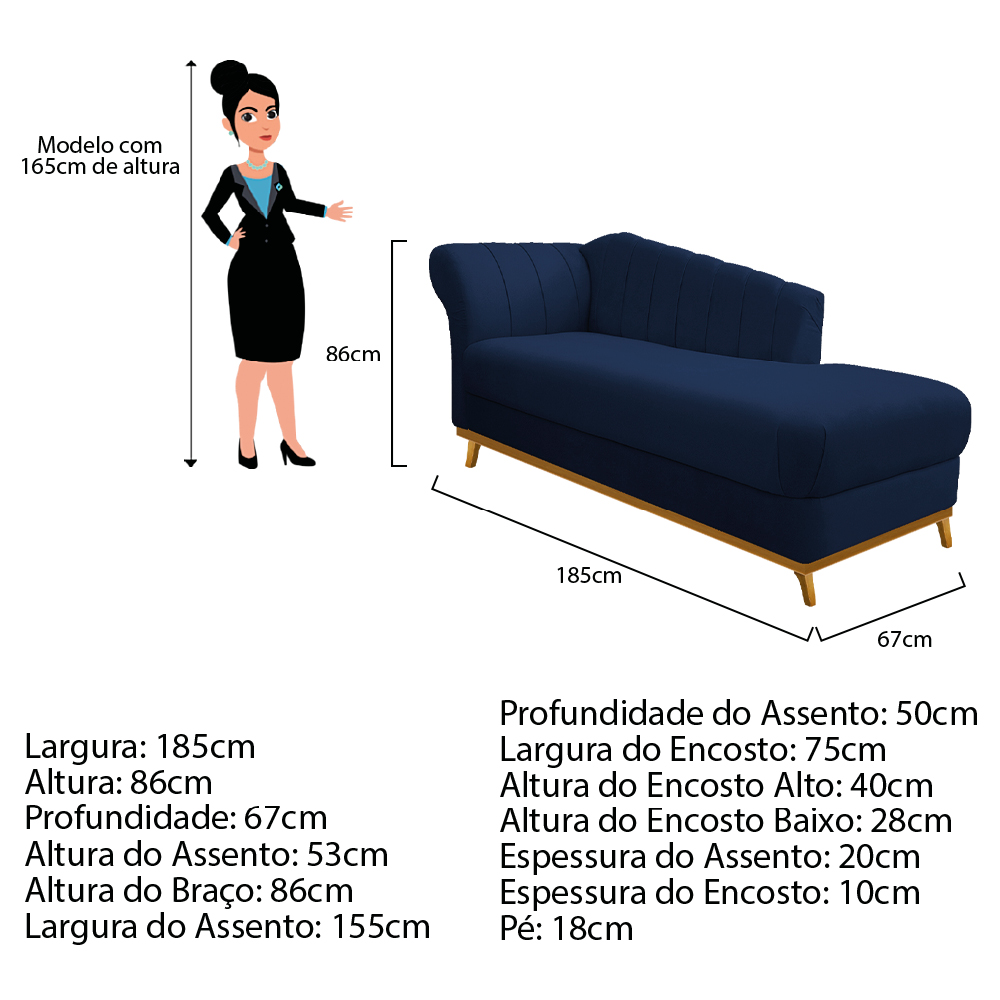 Recamier Vanessa 185cm Lado Esquerdo Suede Azul Marinho - Amarena Móveis