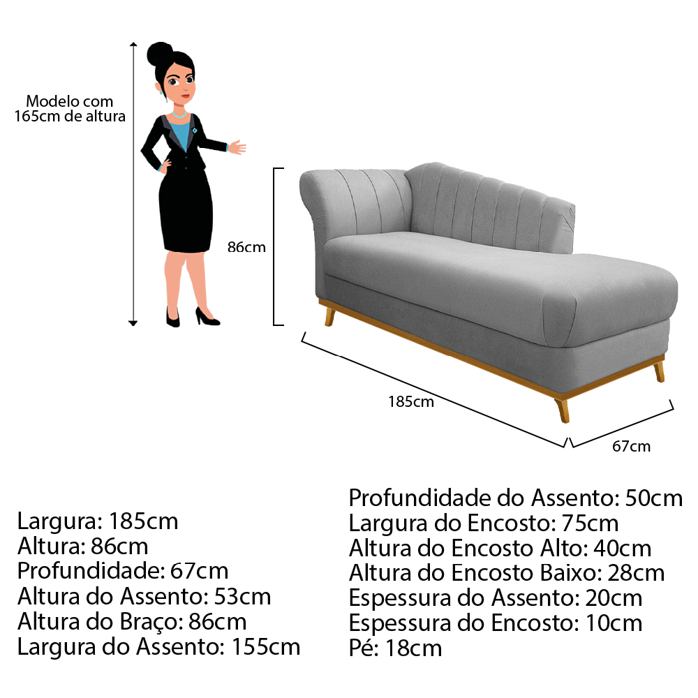 Recamier Vanessa 185cm Lado Esquerdo Suede Cinza - Amarena Móveis