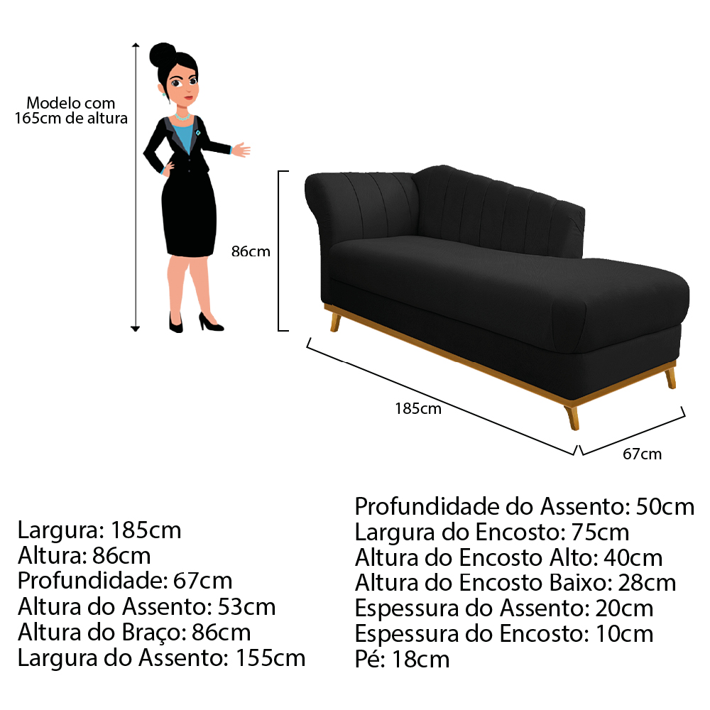 Recamier Vanessa 185cm Lado Esquerdo Suede Preto - Amarena Móveis
