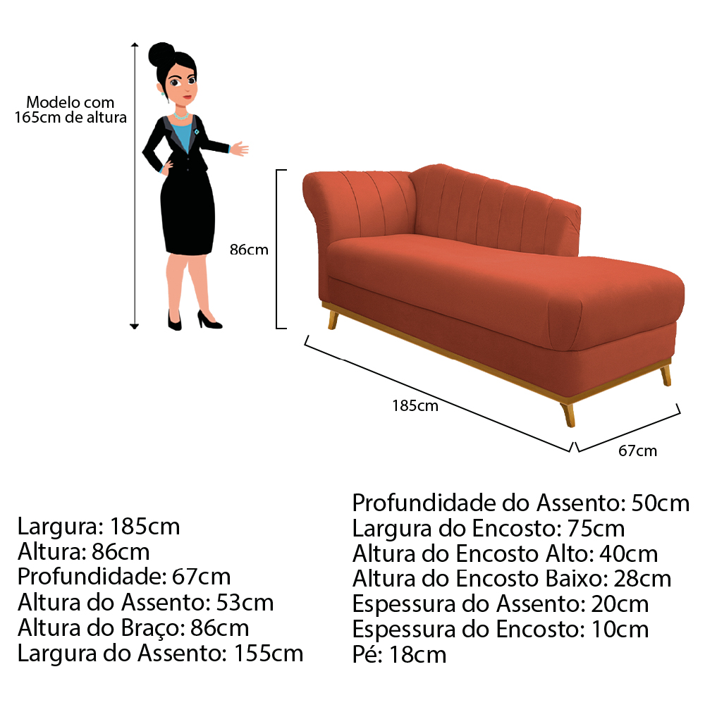 Recamier Vanessa 185cm Lado Esquerdo Suede Terracota - Amarena Móveis