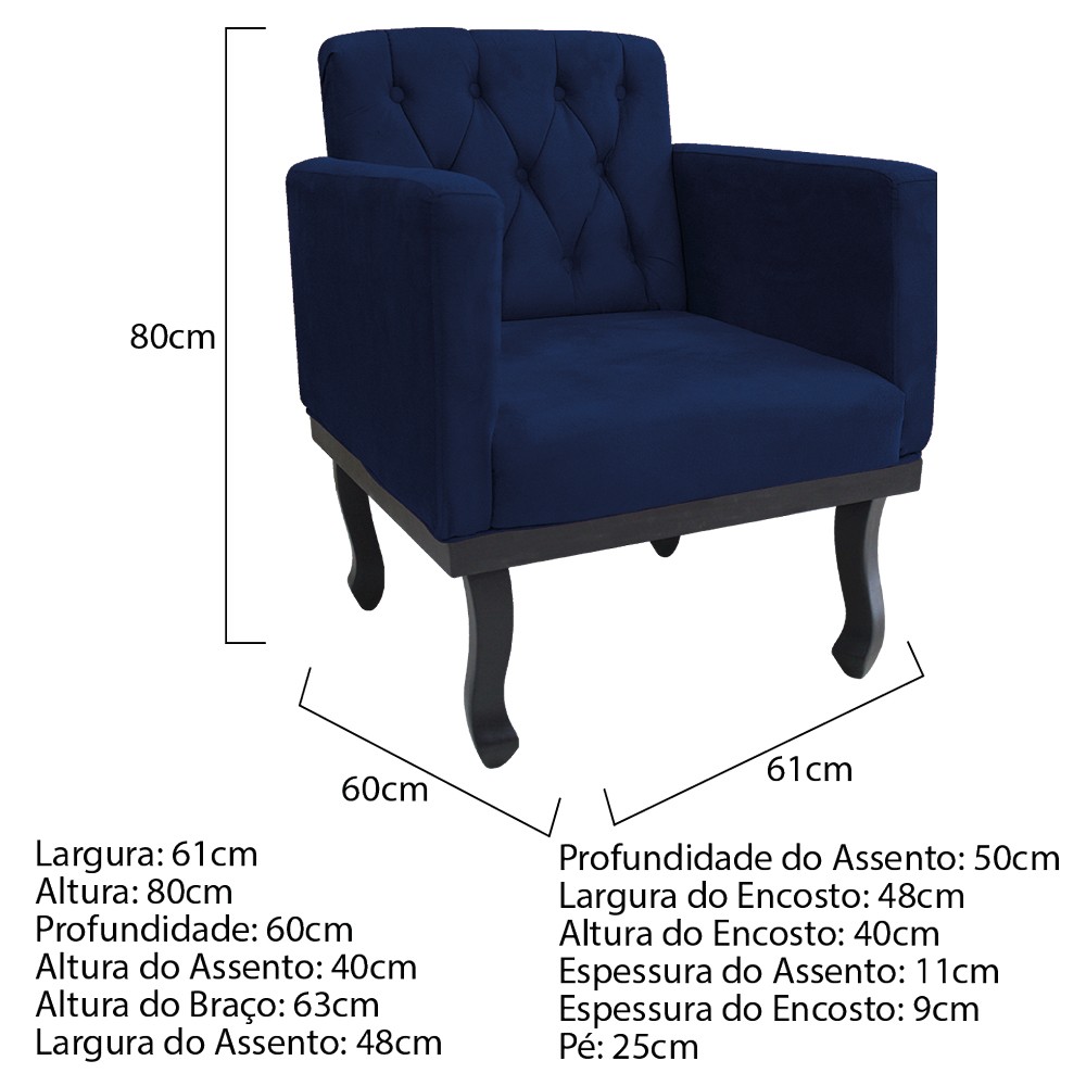 kit 02 Poltronas Classic Pés Luís XV Suede Azul Marinho - Amarena Móveis