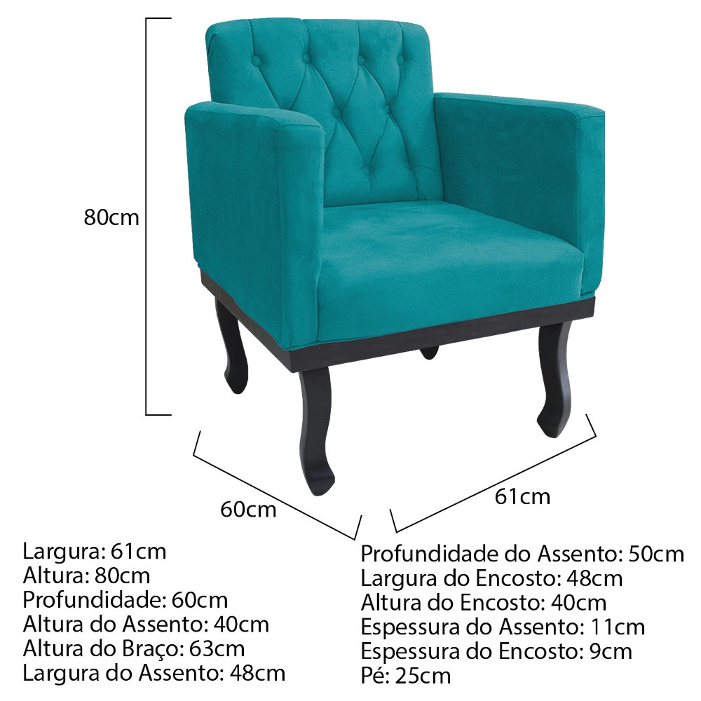 kit 02 Poltronas Classic Pés Luís XV Suede Azul Turquesa - Amarena Móveis