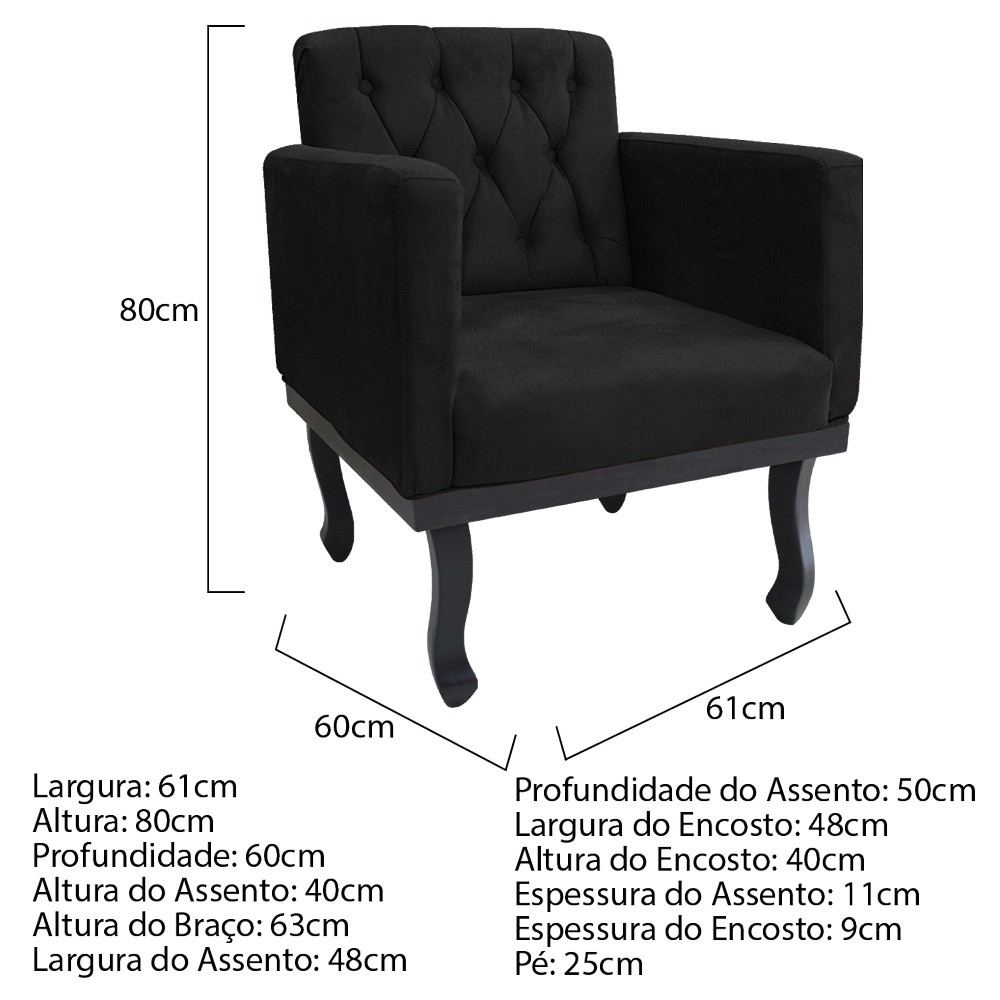 kit 02 Poltronas Classic Pés Luís XV Suede Preto - Amarena Móveis