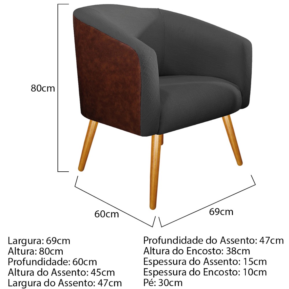 kit 02 Poltronas Luiza Corano Nozes e Linho Chumbo - Amarena Móveis