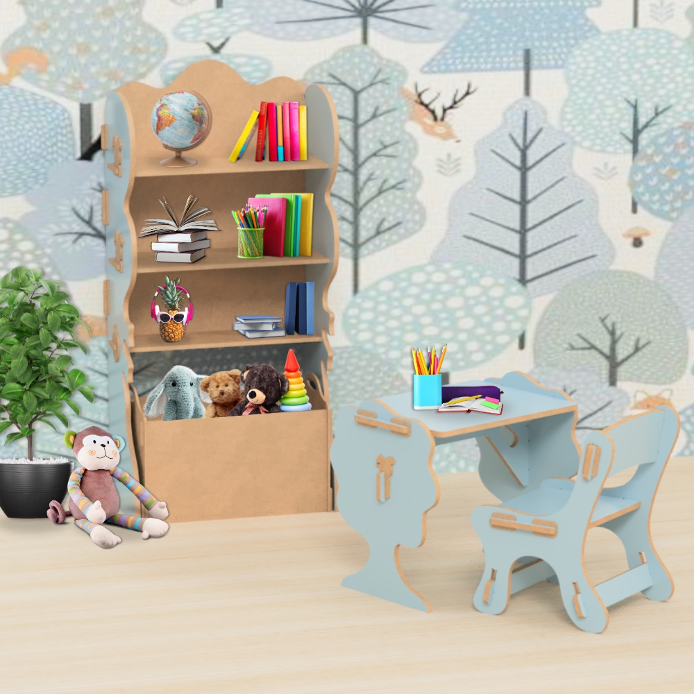 Estante Livreiro Infantil de Encaixe com Organizador de Brinquedos Natureza Azul