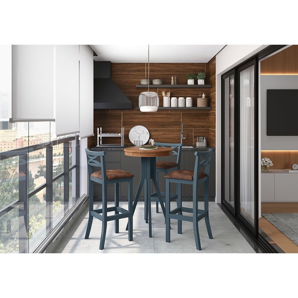 Conjunto Mesa Bistrô com 3 Banquetas Valência Azul Petróleo