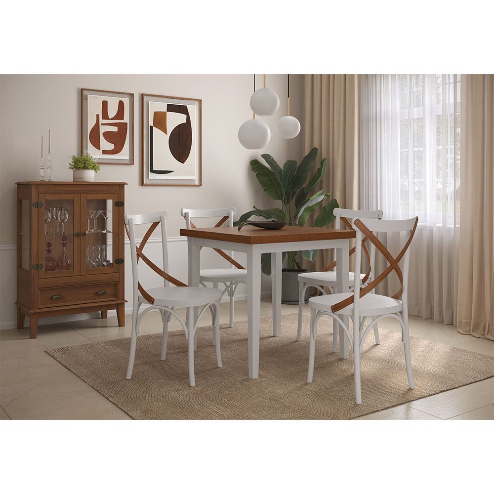 Conjunto Sala de Jantar e Cozinha Com 4 Cadeiras X Madeira Maciça Branco