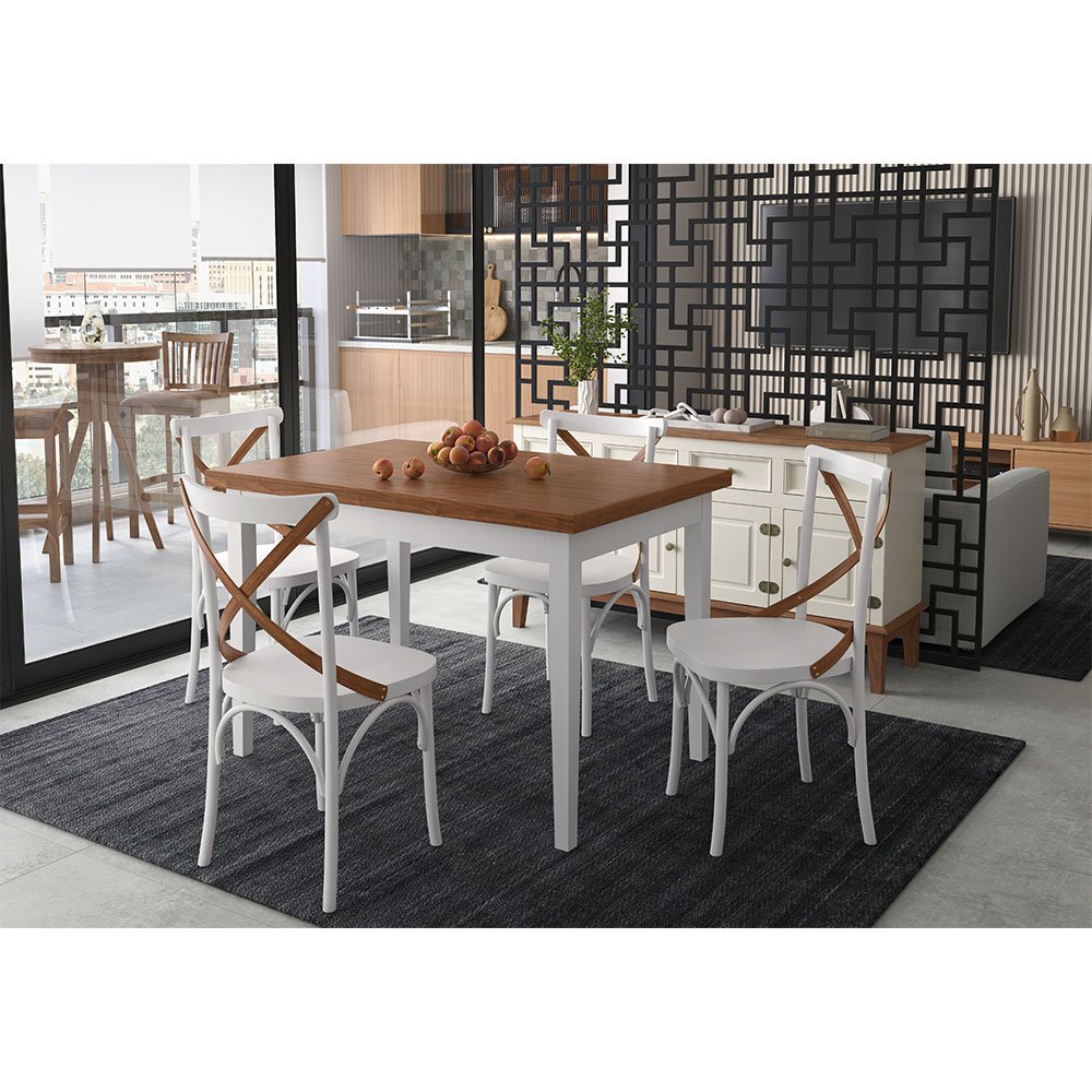 Conjunto Sala de Jantar e Cozinha Com 4 Cadeiras X Madeira Maciça Branco