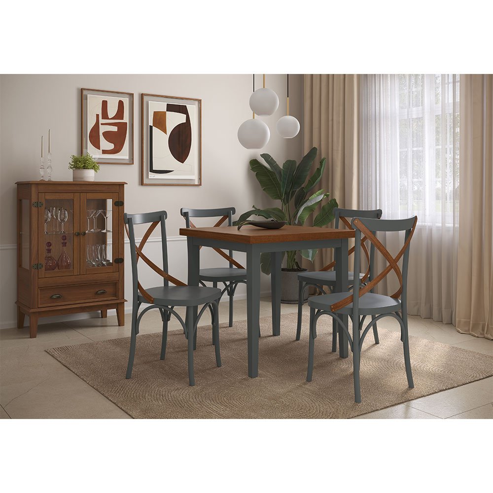 Conjunto Sala de Jantar e Cozinha Com 4 Cadeiras X Madeira Maciça Cinza