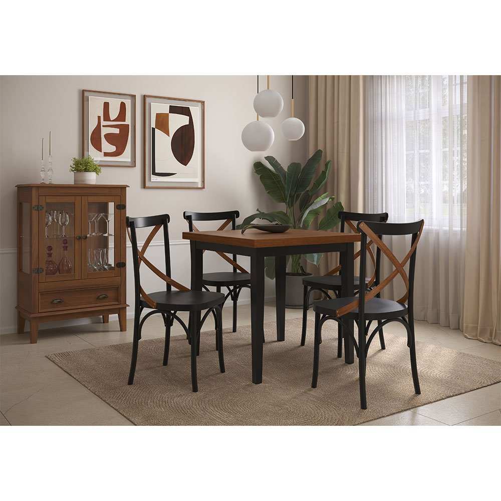 Conjunto Sala de Jantar e Cozinha Com 4 Cadeiras X Madeira Maciça Preto