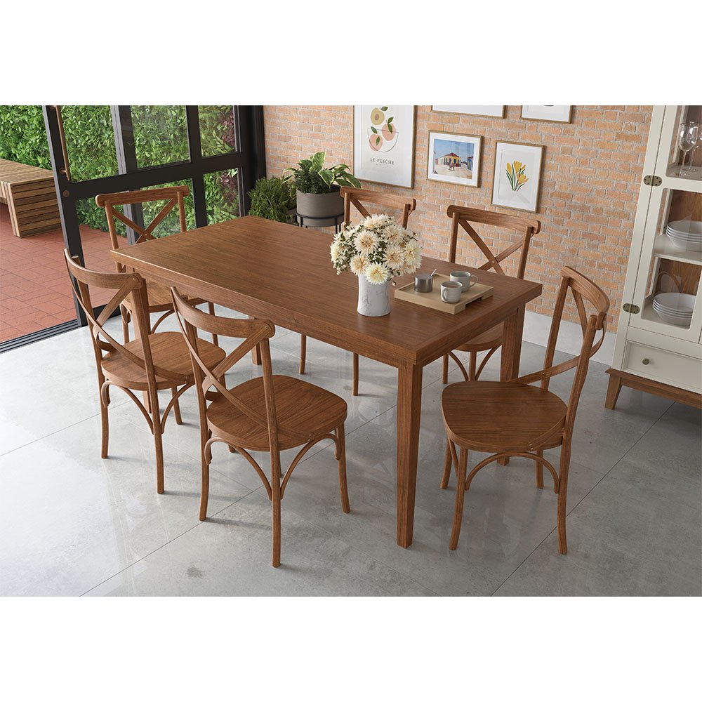 Conjunto Sala de Jantar e Cozinha Com 6 Cadeiras X Madeira Maciça Amêndoa