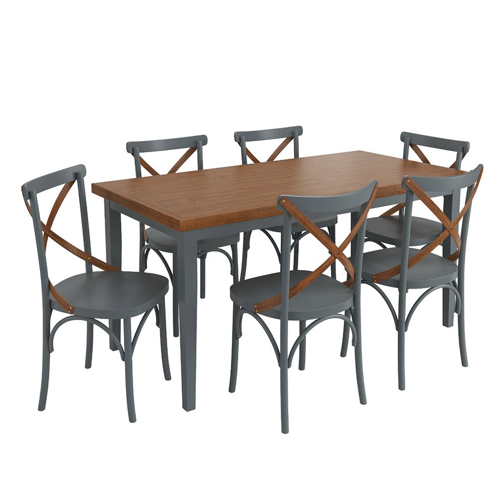 Conjunto Sala de Jantar e Cozinha Com 6 Cadeiras X Madeira Maciça Cinza
