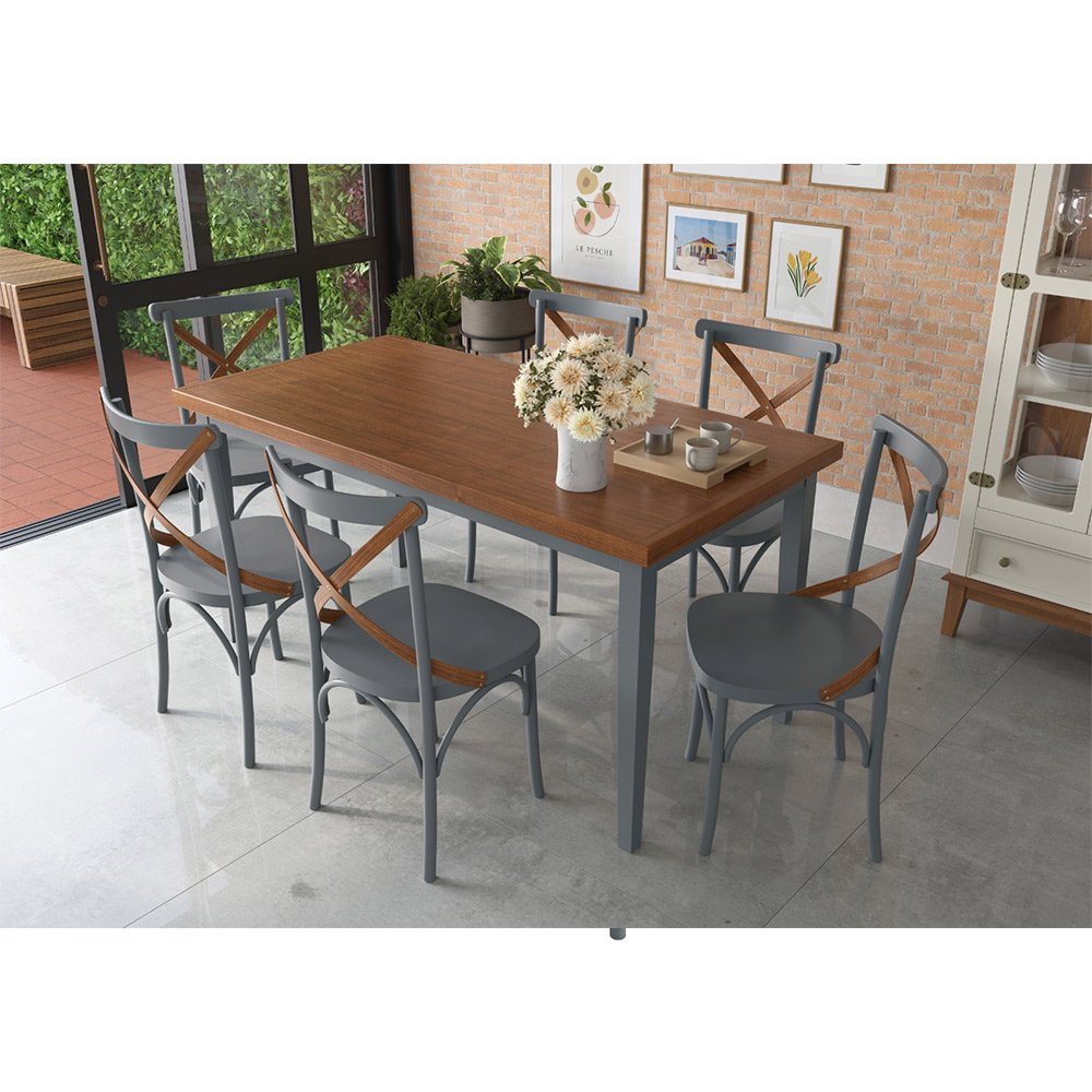 Conjunto Sala de Jantar e Cozinha Com 6 Cadeiras X Madeira Maciça Cinza