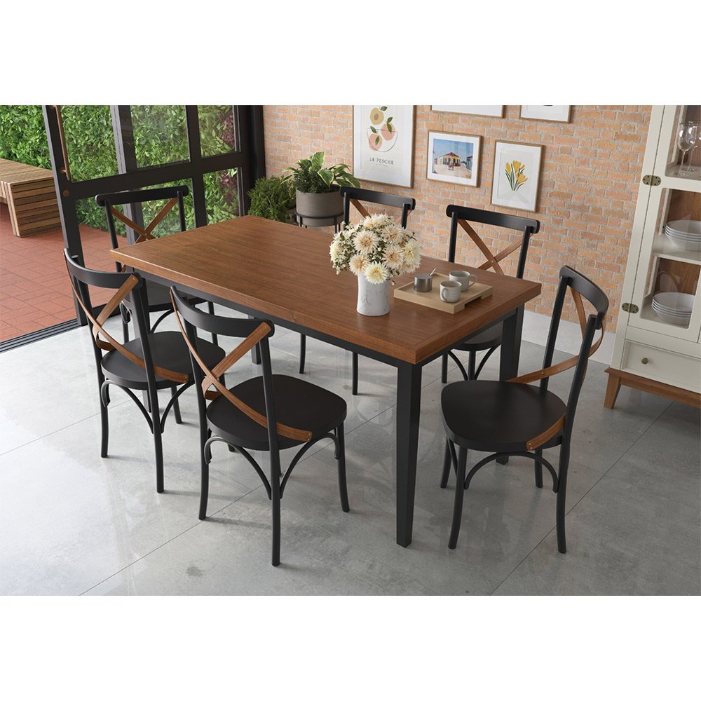Conjunto Sala de Jantar e Cozinha Com 6 Cadeiras X Madeira Maciça Preto