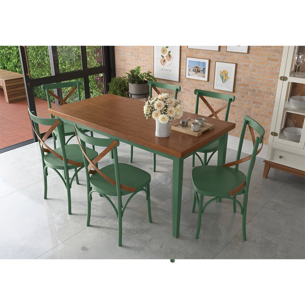 Conjunto Sala de Jantar e Cozinha Com 6 Cadeiras X Madeira Maciça Verde