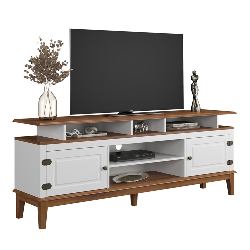 Rack de Madeira Maciça com 2P Base Elevada Branco