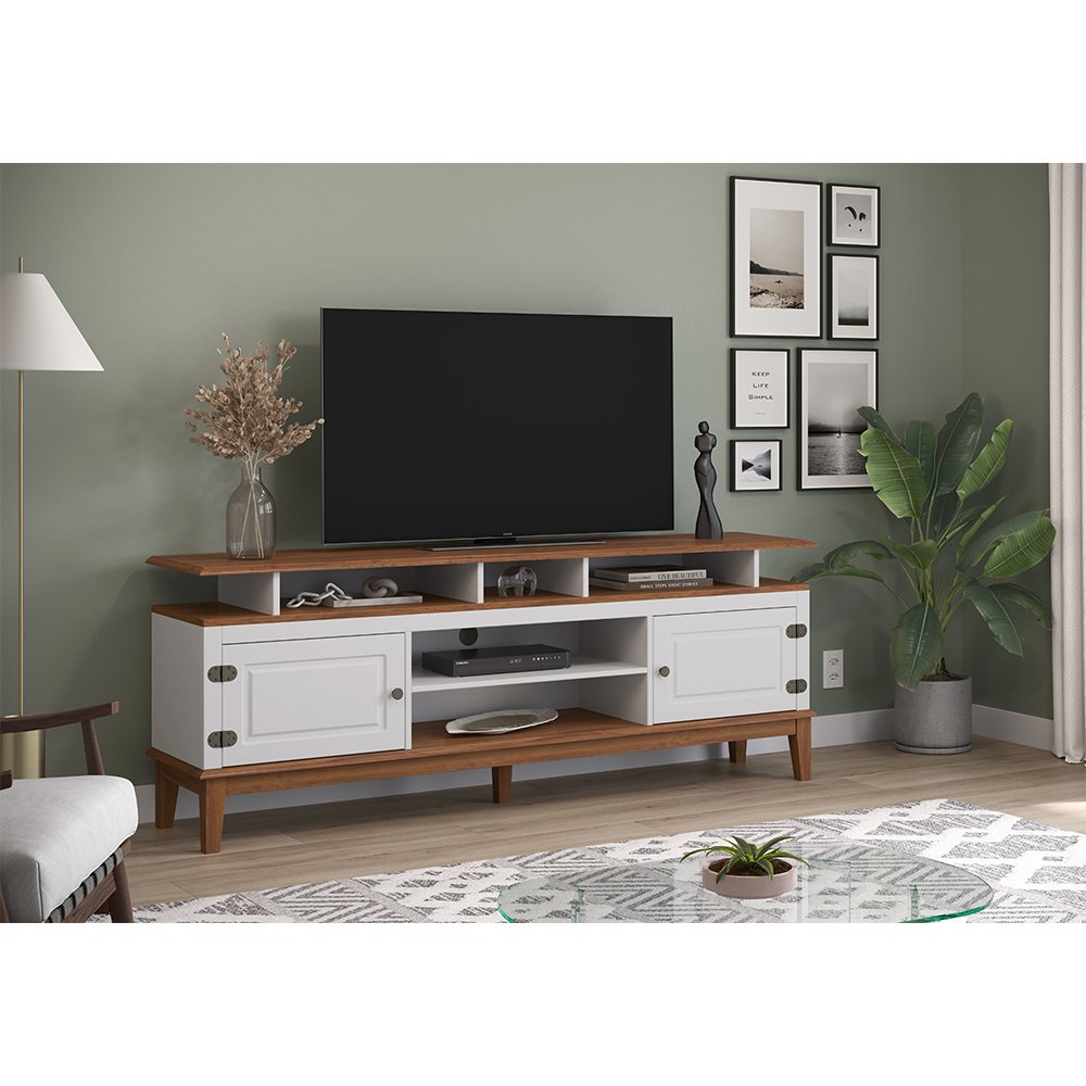 Rack de Madeira Maciça com 2P Base Elevada Branco