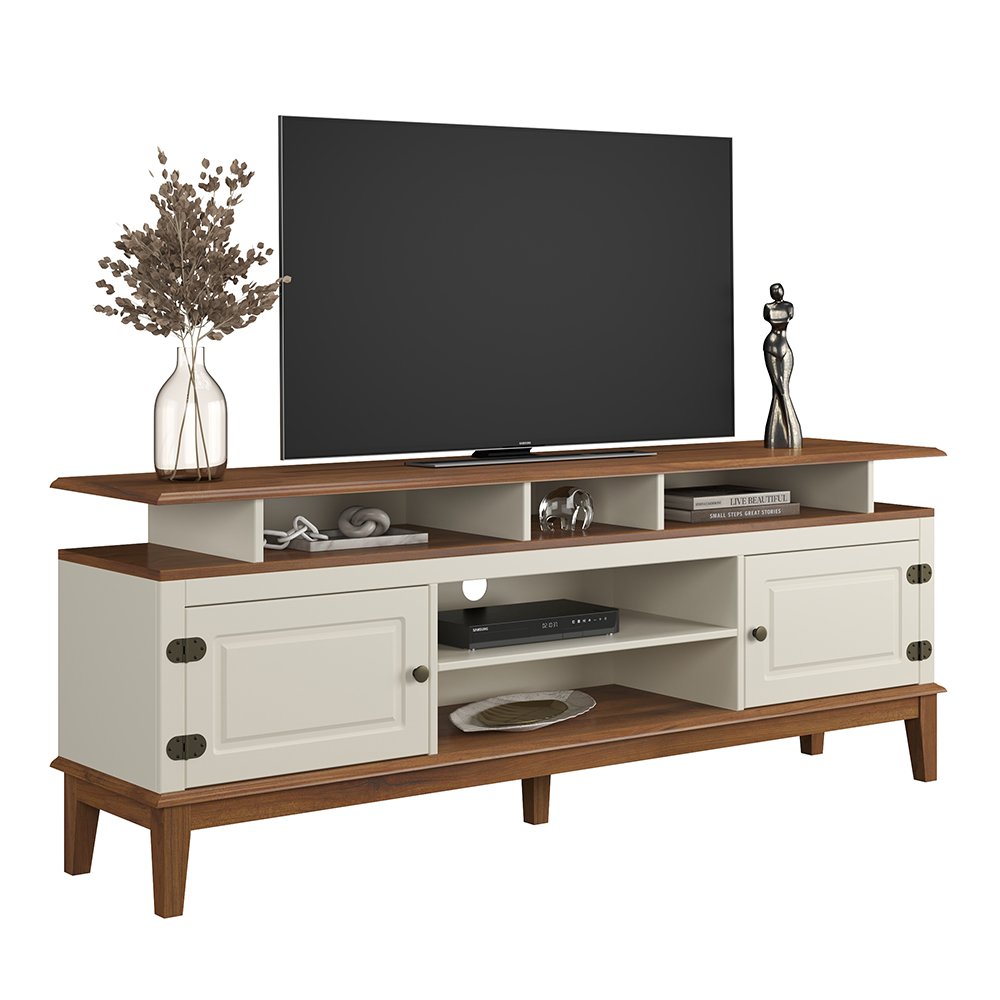 Rack de Madeira Maciça com 2P Base Elevada Off White