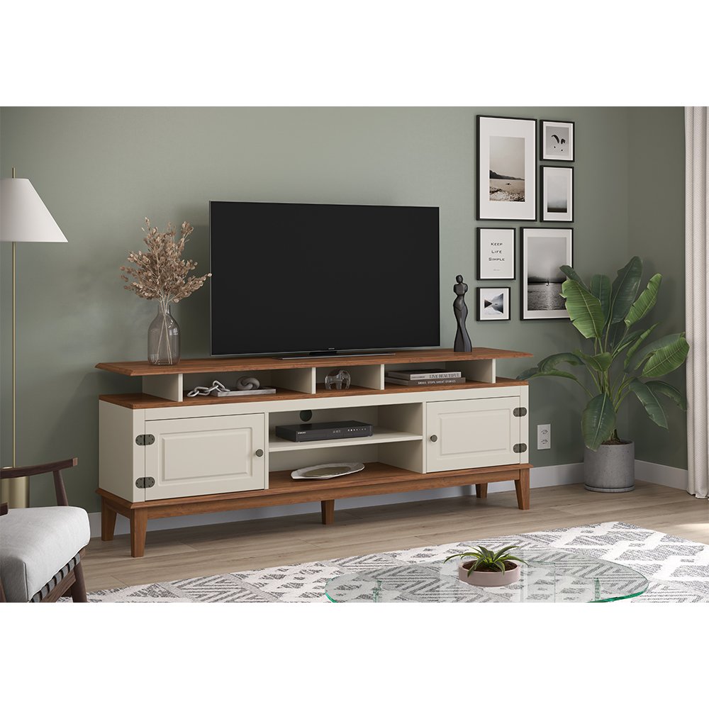 Rack de Madeira Maciça com 2P Base Elevada Off White