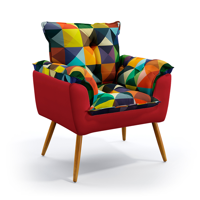Poltrona Beta Suede Estampado Colorido com Vermelho Aradecor