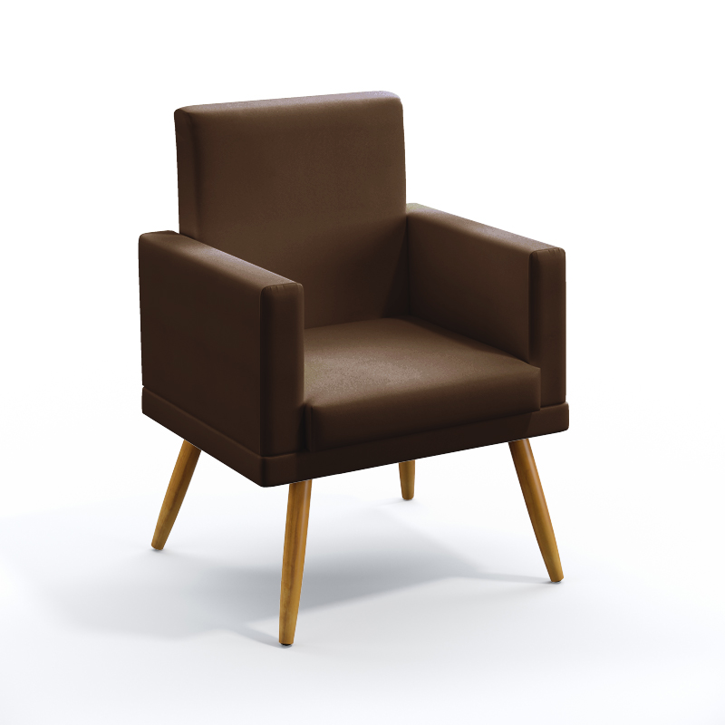 Poltrona Decorativa Estofada Vega Com Roda Pé Para Sala de Estar Couro Artificial Marrom Aradecor