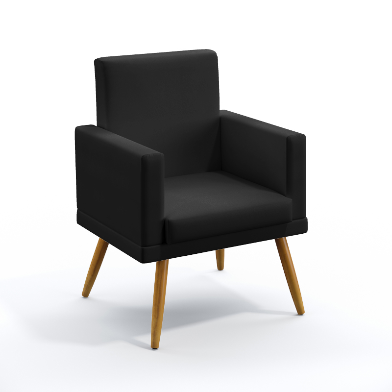 Poltrona Decorativa Estofada Vega Com Roda Pé Para Sala de Estar Couro Artificial Preto Aradecor