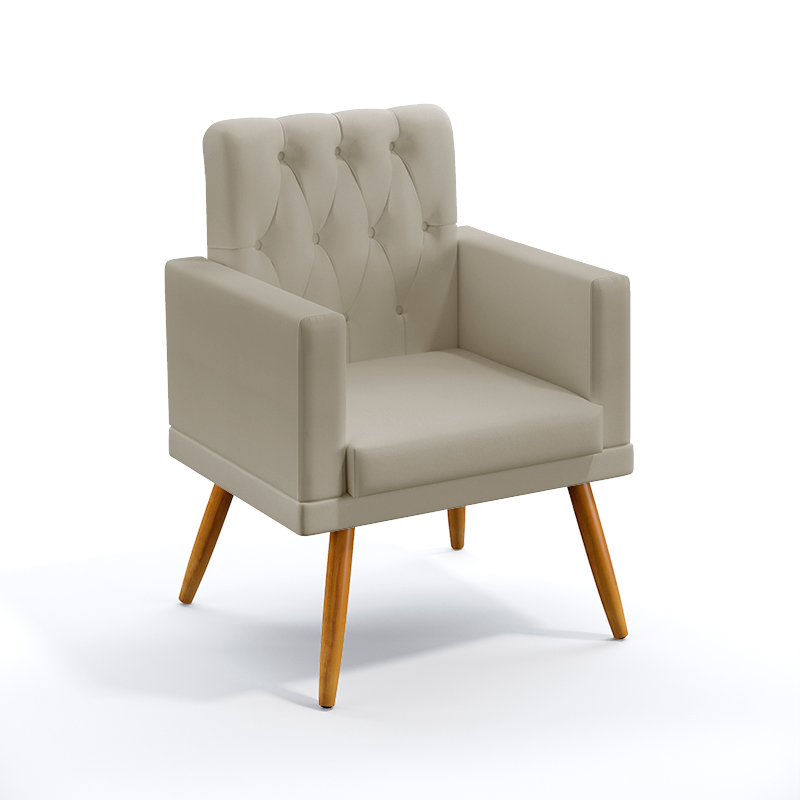 Poltrona Decorativa Vega Com Rodapé e Capitonê Couro Artificial Bege Aradecor