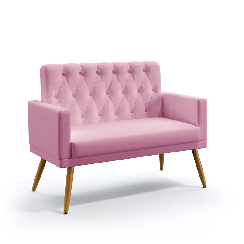 Poltrona Namoradeira Decorativa Vega Com Rodapé E Botões Capitonê Sued Rosê Aradecor
