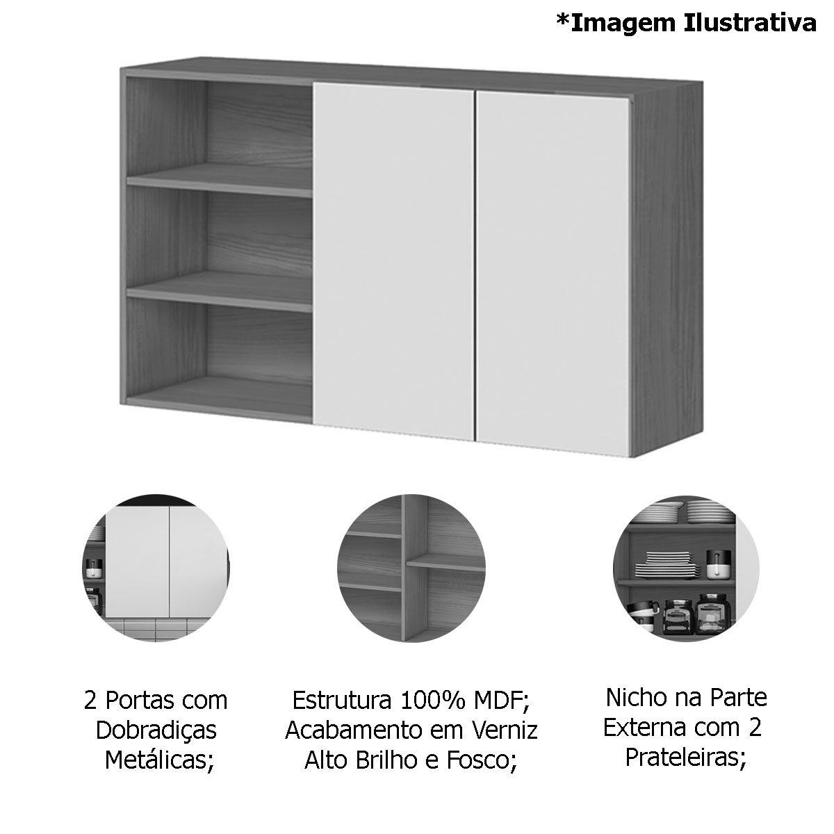 Armário Aéreo 100% MDF 2 Portas com Nicho 120cm Luna Atacama/Branco