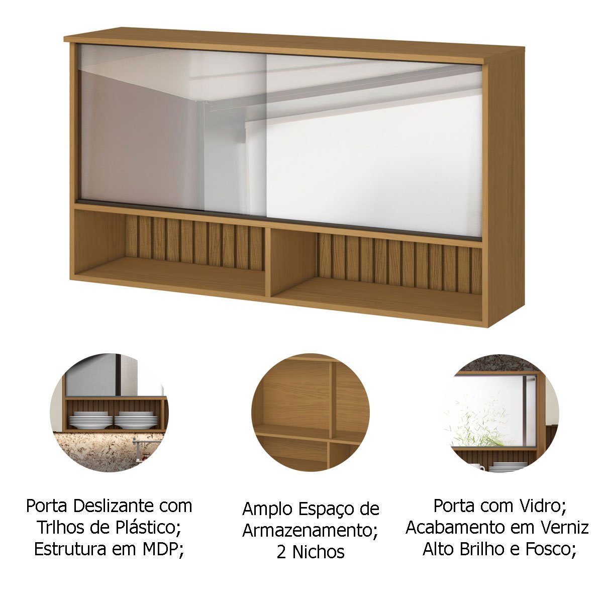 Armário Aéreo para Cozinha com Porta de Vidro de Correr Raiar
