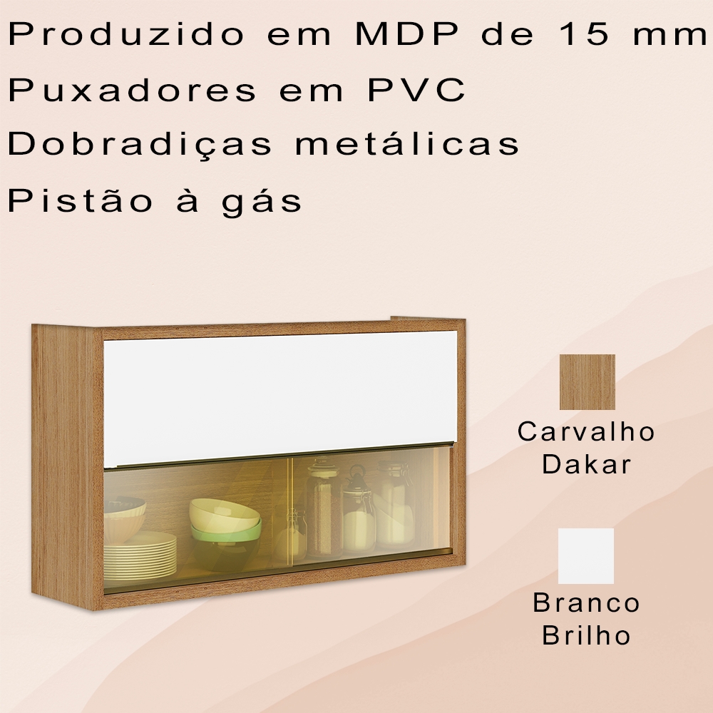 Armario Aereo 120 cm Com Vidro Carvalho Dakar Branco ARmoveis