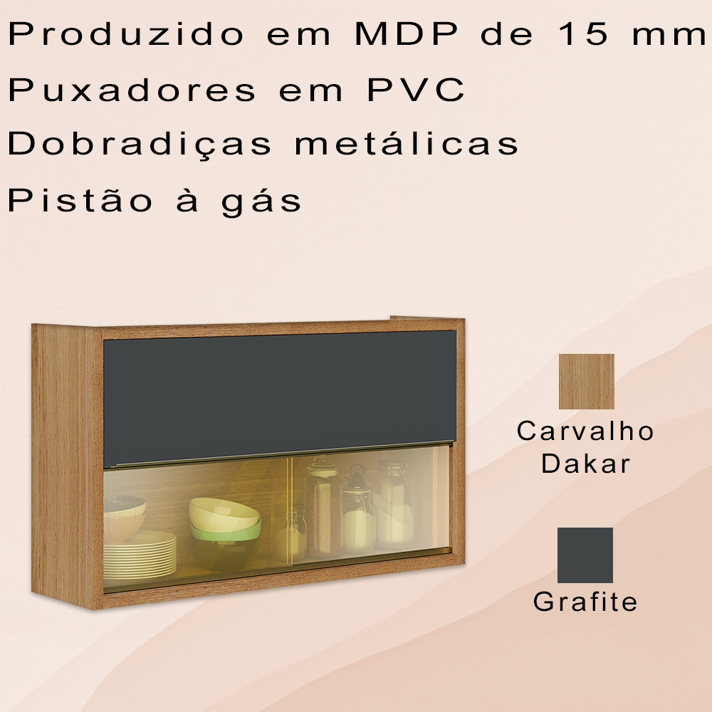 Armario Aereo 120 cm Com Vidro Carvalho Dakar Grafite ARmoveis
