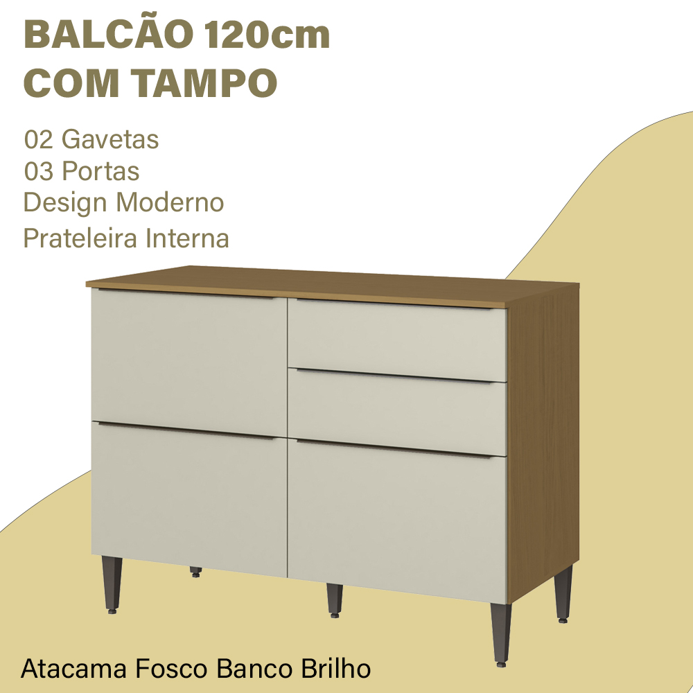 Balcão 120cm 03 Pts 02 Gav Com Tampo 2005810 Atacama Branco ARMoveis