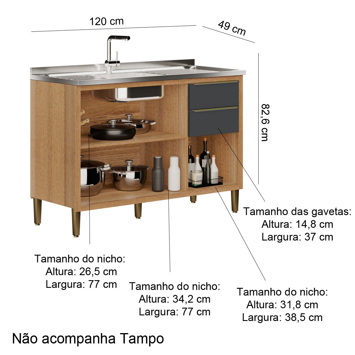 Balcão de Cozinha 1,20 cm 3 Portas 2 Gavetas para Pia Opala