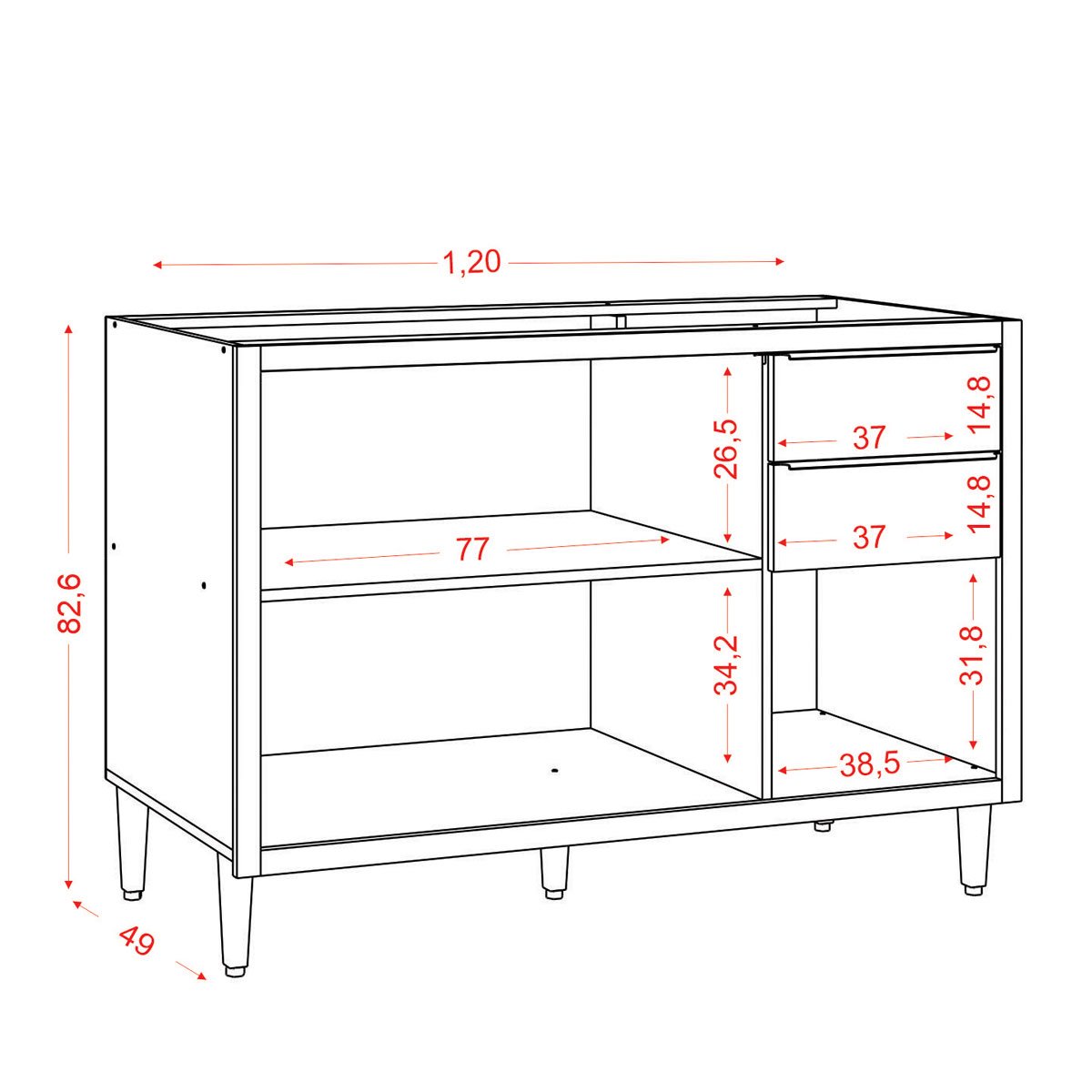 Balcão de Cozinha 1,20 cm 3 Portas 2 Gavetas para Pia Opala