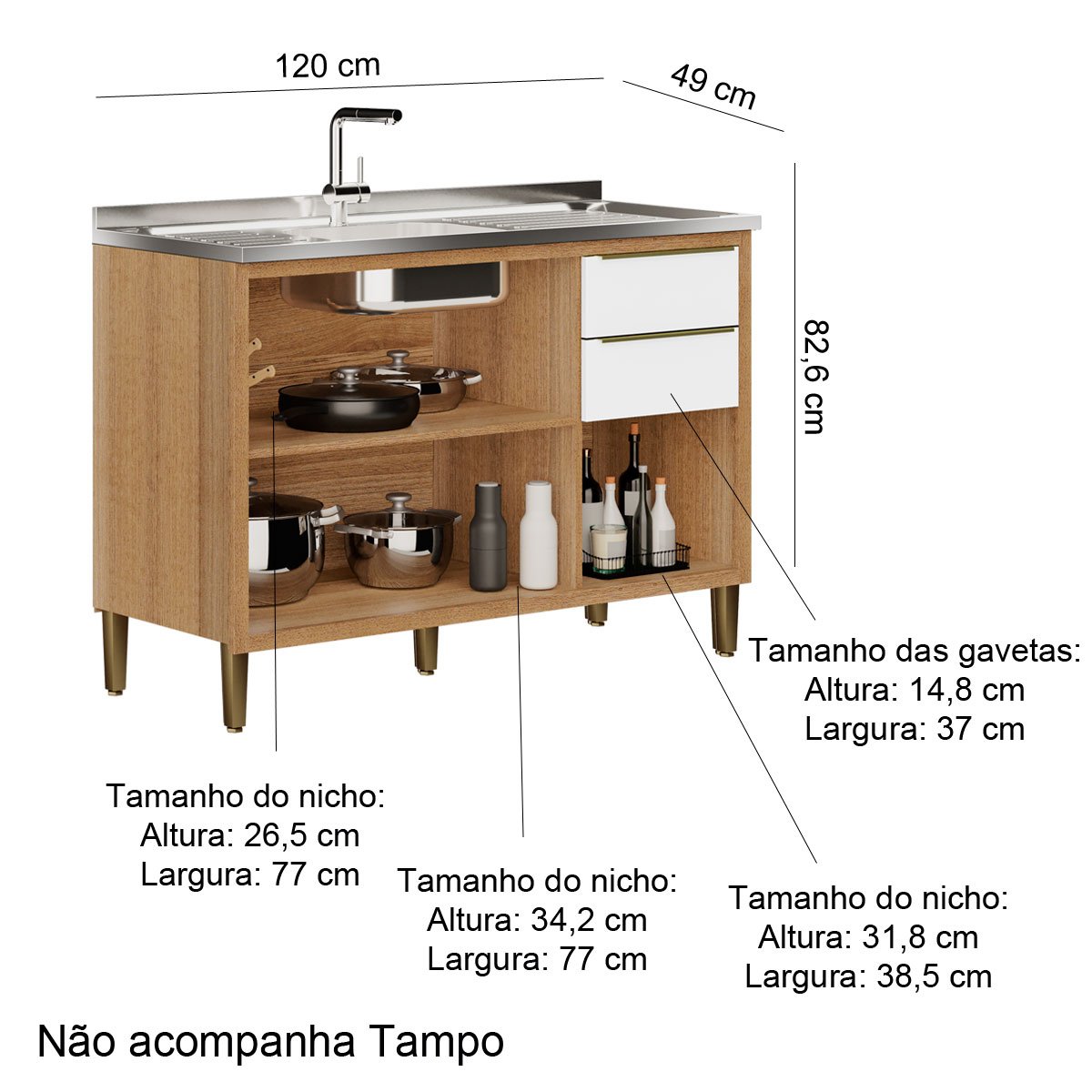 Balcão de Cozinha 1,20 cm 3 Portas 2 Gavetas para Pia Opala