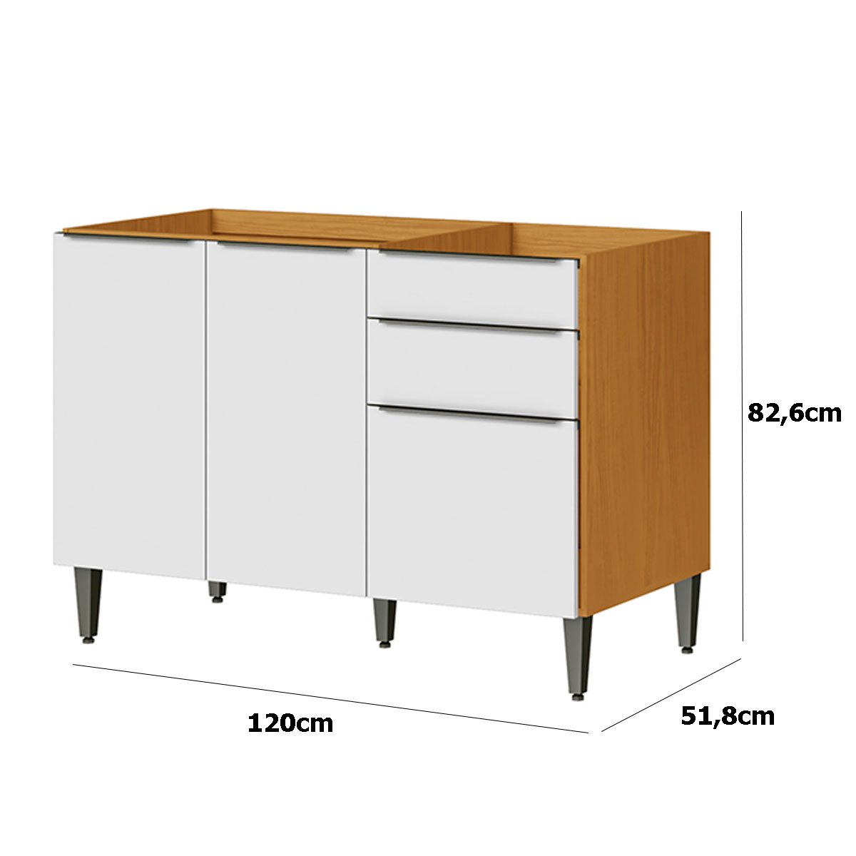 Balcão de Pia 100% MDF 3 Portas 2 Gavetas 120cm Luna Cinamomo/Branco