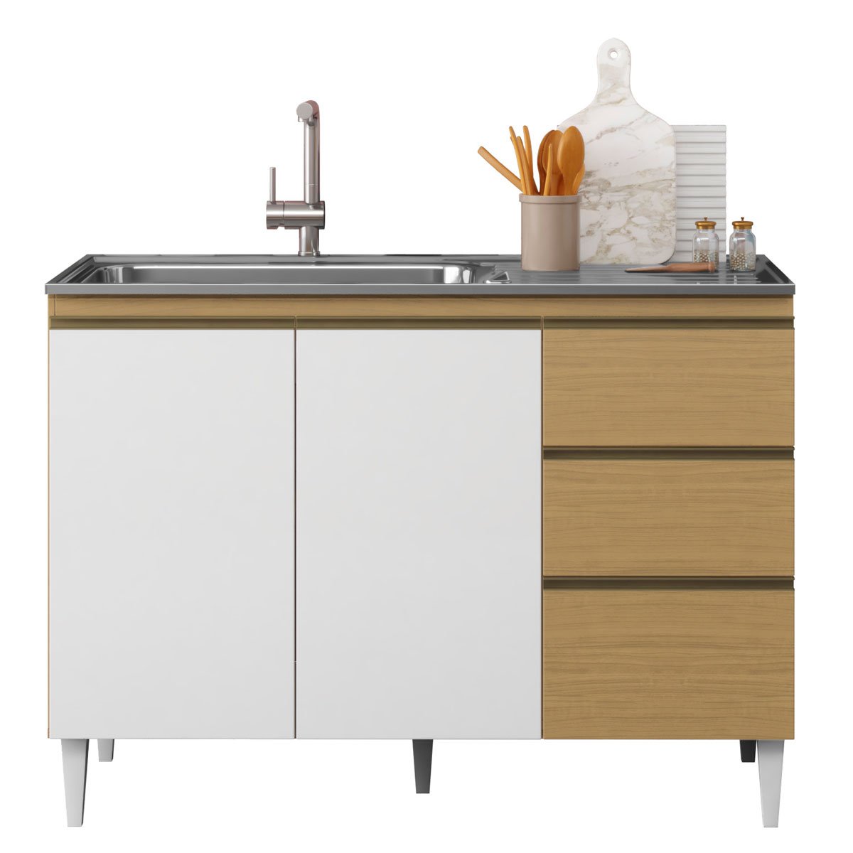 Balcão de Pia para Cozinha 120 cm 3 Portas 2 Gavetas Nevasca