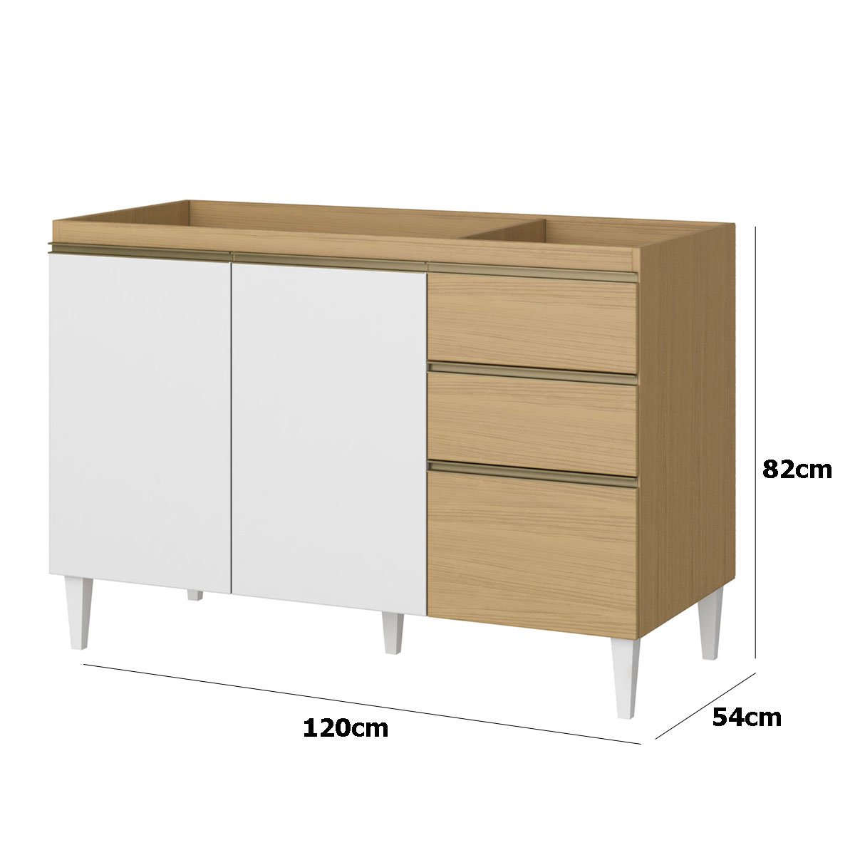 Balcão de Pia para Cozinha 120 cm 3 Portas 2 Gavetas Nevasca