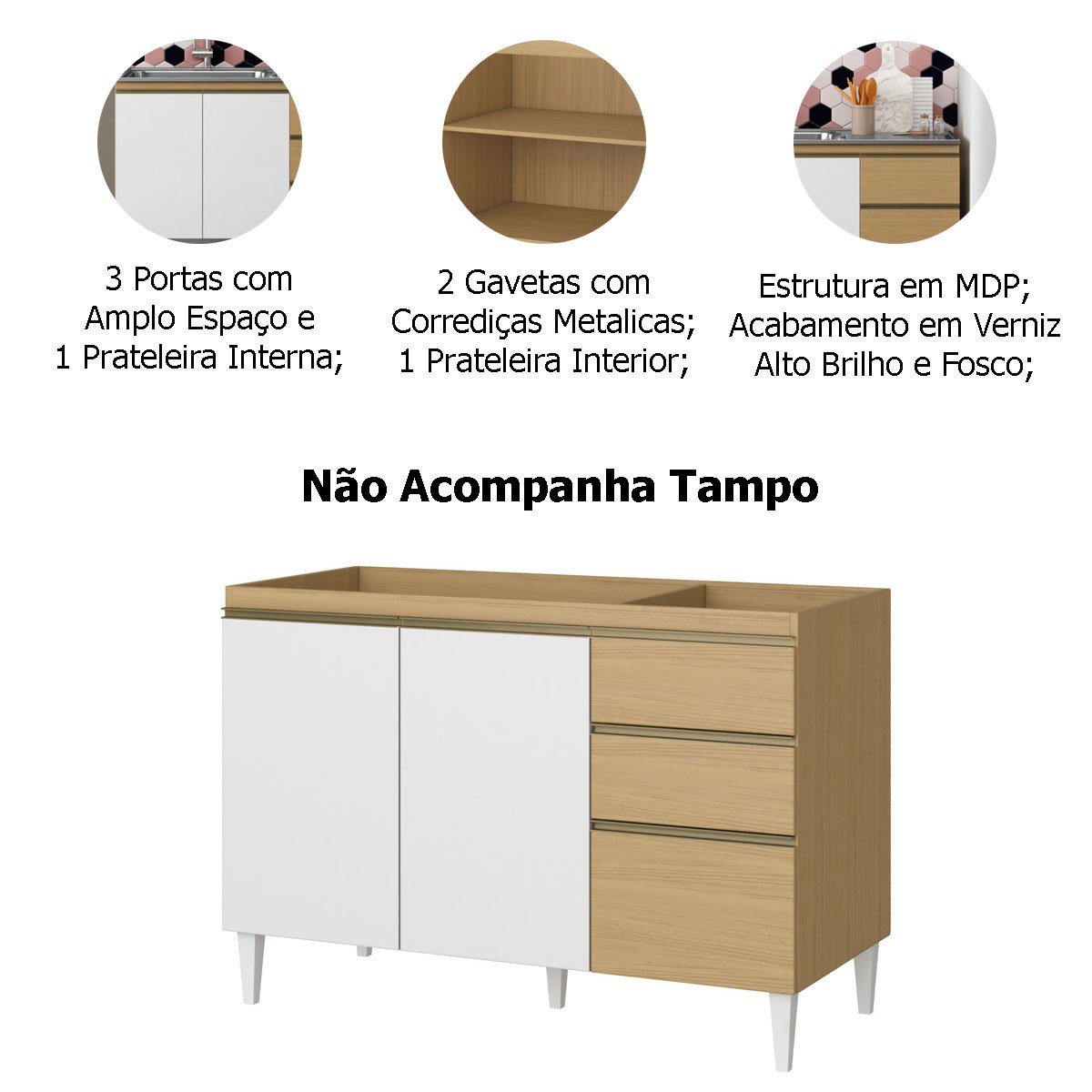 Balcão de Pia para Cozinha 120 cm 3 Portas 2 Gavetas Nevasca